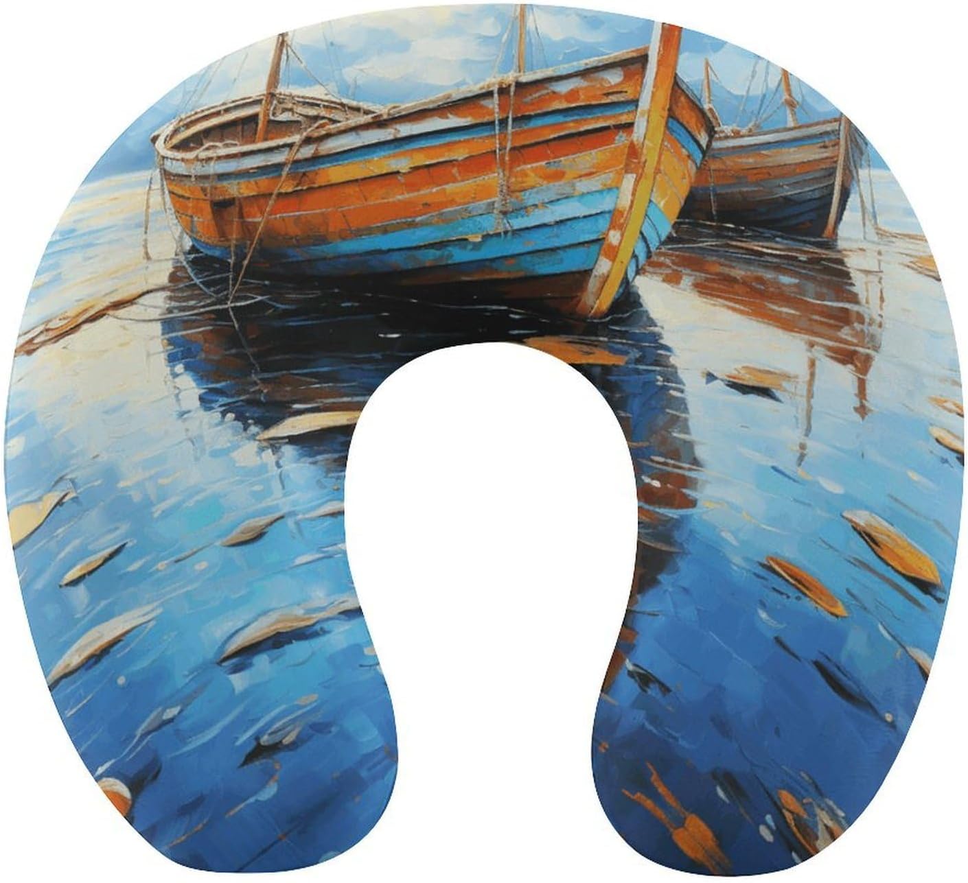 Boats and Sea Oil Paintings Neck Pillow Memory Foam U Shaped Pillows Portable Pillows for Shoulder Travel Head Support Pillow with Concealed Zipper for Airplane Car Home Office