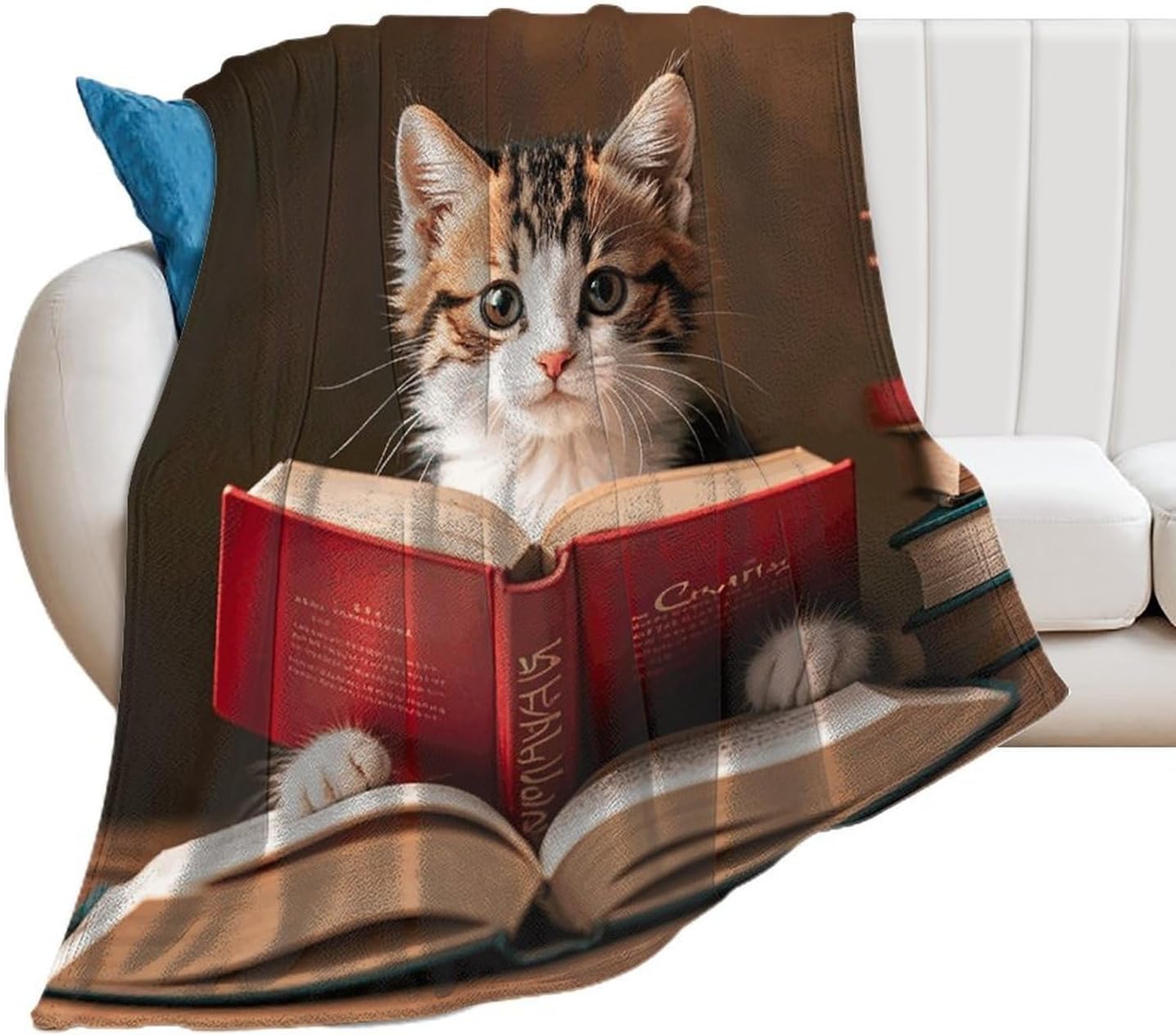 Custom Flannel Fleece Throw Blanket for Adults 60x80 Lightweight Kitten Reading A Book Bedtime Blanket Soft Warm Blankets for Bed Couch Sofa Camping Picnic Wedding Gift Winter Home Decora
