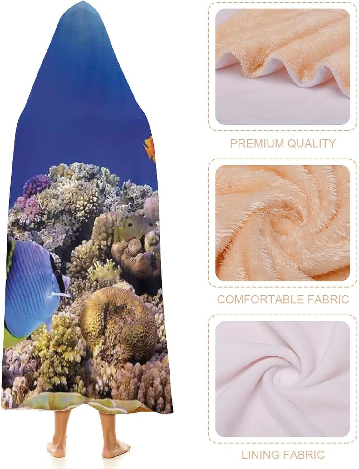 Throw Blankets, Ocean Wearable Hooded Blanket for Adults, Wild Sea Life Colorful Ancient Coral Reefs Exotic, Soft Warm Cozy, 40 x 50inches, Studying Reading Snuggling Napping Office