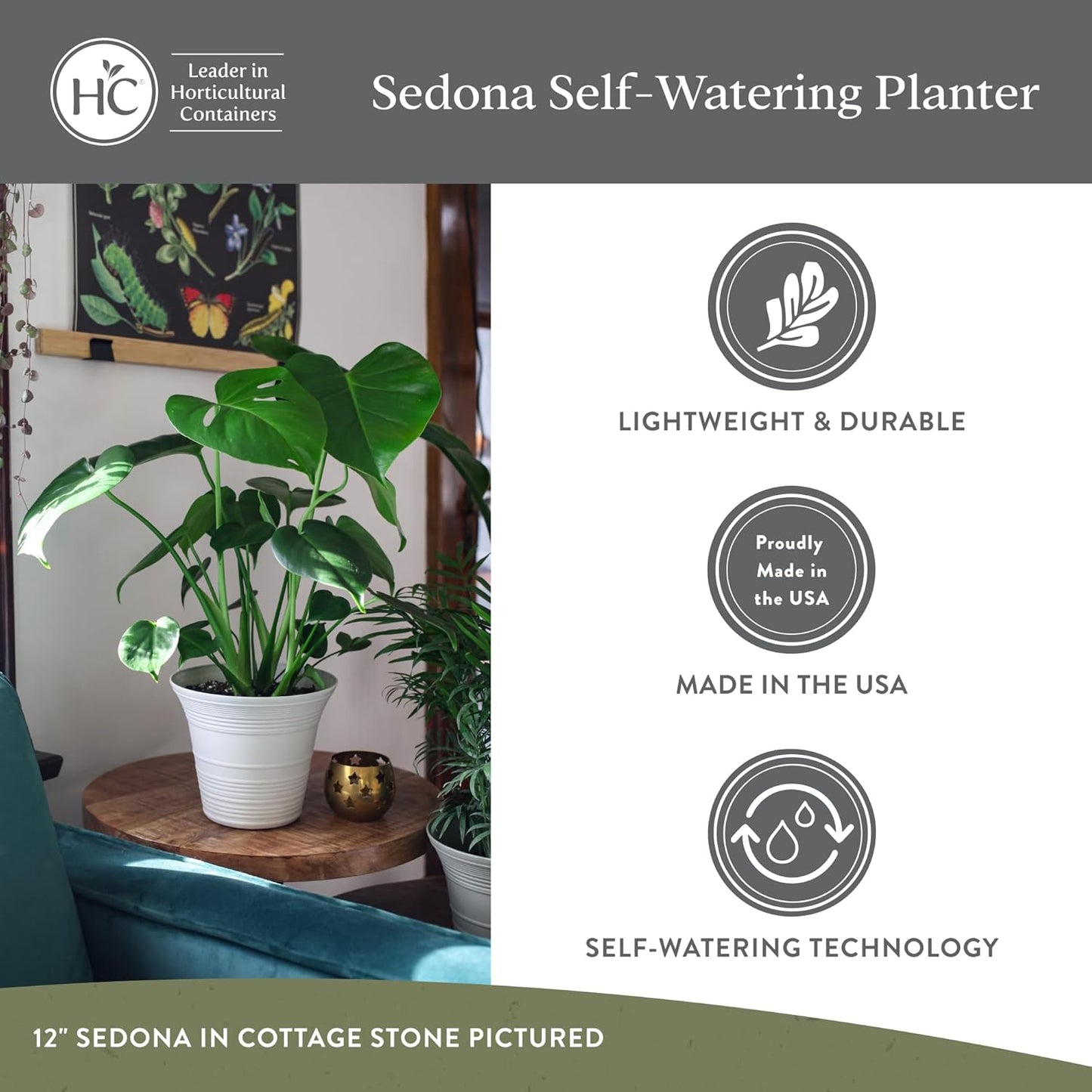 The HC Companies 14 Inch Sedona Round Self Watering Planter Pots, Lightweight UV-Resistant Plastic Indoor & Outdoor Planters, 2-Pack Flower Pots for Garden & Home Decor, Cottage Stone