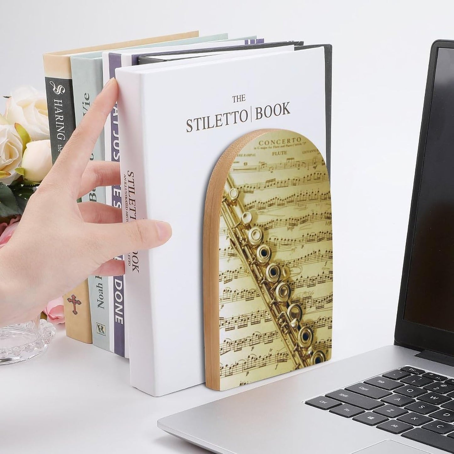 Flute Music Wooden Bookend Non-Slip Book Ends Heavy Duty Book Stopper with Metal Base Books Holderd Decorative Bookends Stands Firmly for Office Supplies