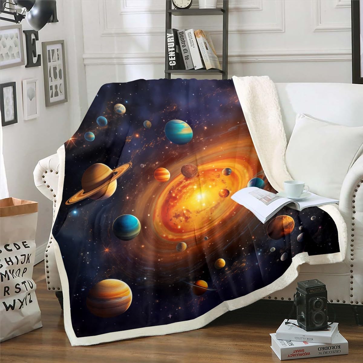 Feelyou Space Sherpa Blanket Purple Galaxy Fleece Throw Blanket for Kids Boys Girls Outer Space Plush Blanket Earth Planets Stars Fuzzy Blanket for Sofa Bed Couch,Throw 50x60 Inches