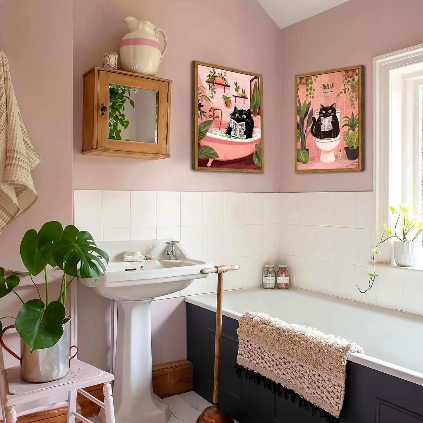 Framed Funny Bathroom Black Cat Canvas Wall Art Set of 2, Cute Cat Reading Newspaper on Toilet Pictures Wall Decor, Humor Animal in Bathtub Paintings Prints for Restroom 16x24 inch