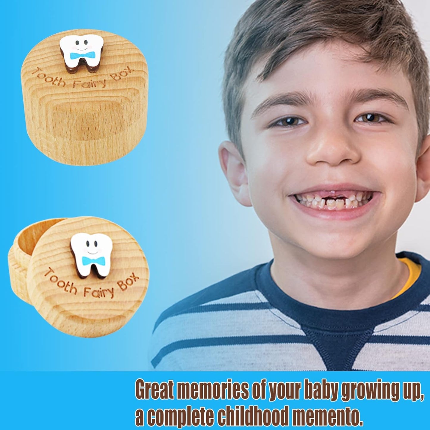 Tooth Fairy Box for Girls and Boys Wooden Cute Tooth Box with 3D Tooth, Lost Teeth Storage for Kids, Dropped Tooth Keepsake Box Gift (Pink and Blue)
