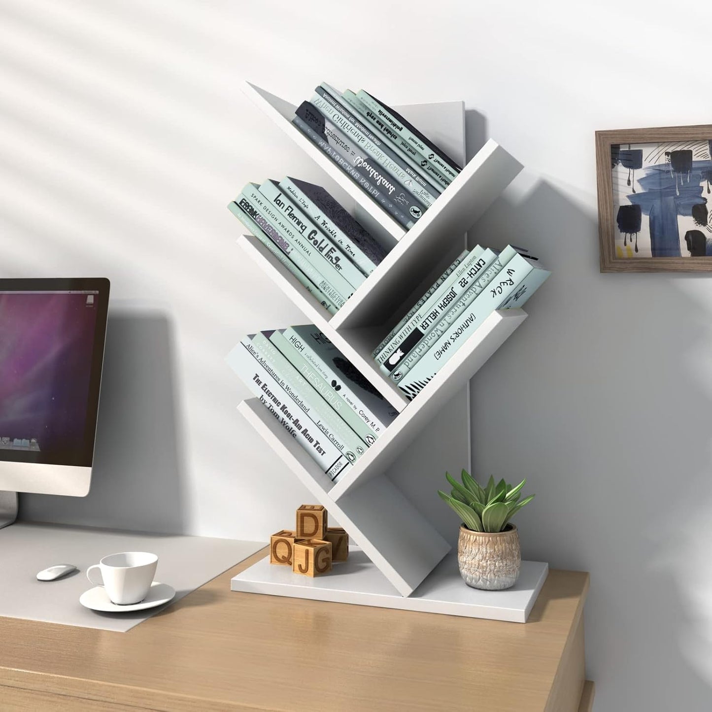 Godferyxin Small Bookshelf for Small Spaces, 5-Tier White Wood Tree Bookcase – Compact Corner Mini Shelf for Bedroom, Office, or Apartment, Holds Books, CDs, and Decor