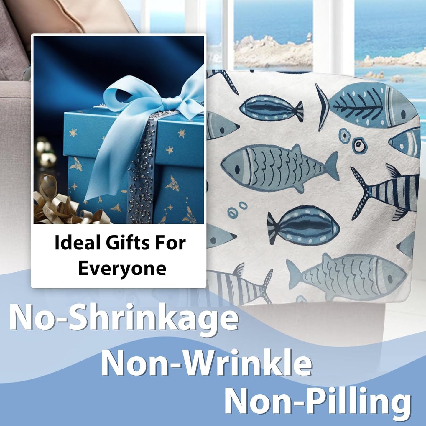 Coastal Blue Fish Theme Flannel Throw Blanket, Sea Ocean Birthday Gifts for Adults Kids Men Women, Beach Nautical Soft Blankets for Bedding Sofa 50" x 60"