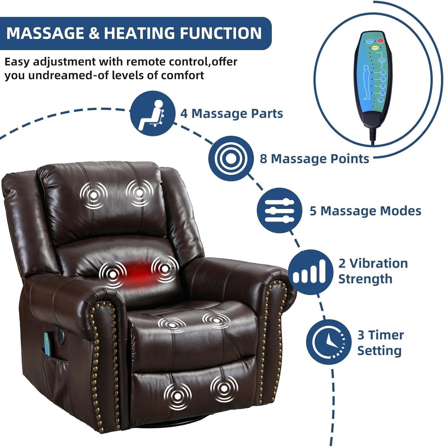 Modern Power Recliner Chair with Heat & Vibration Massage, 360° Swivel Rocker Reclining Seat for Adults, USB Charging Ports, Side Pockets, Comfortable Electric Recliner
