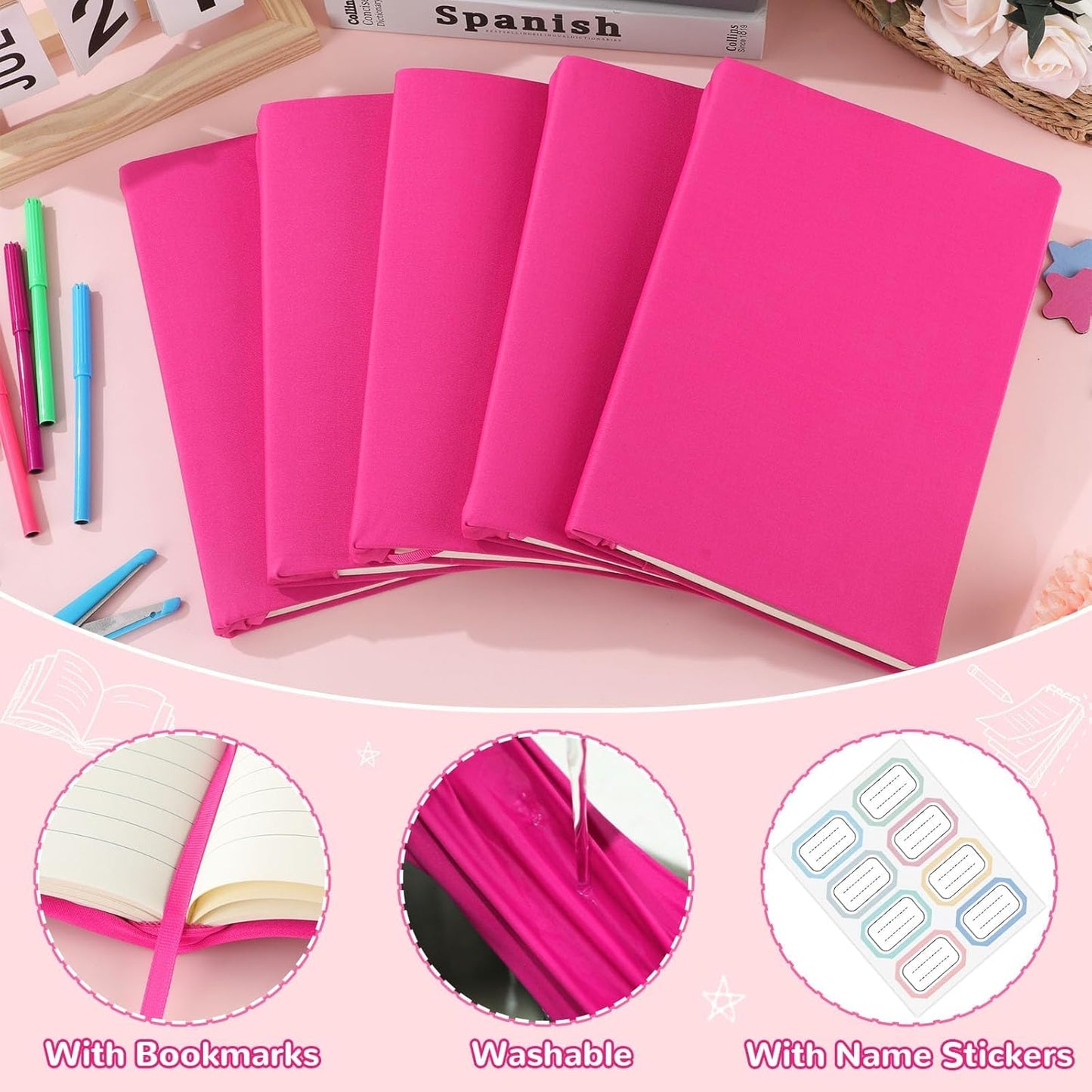 Jumbo Book Covers 7 Pack Reusable Fabric Book Cover Protective Books Covers 9 x 11 Inch Pink Stretchable Books Sleeve Cover with Label Sticker for Most Hardcover Textbooks Up to 10 x 12.5 Inch