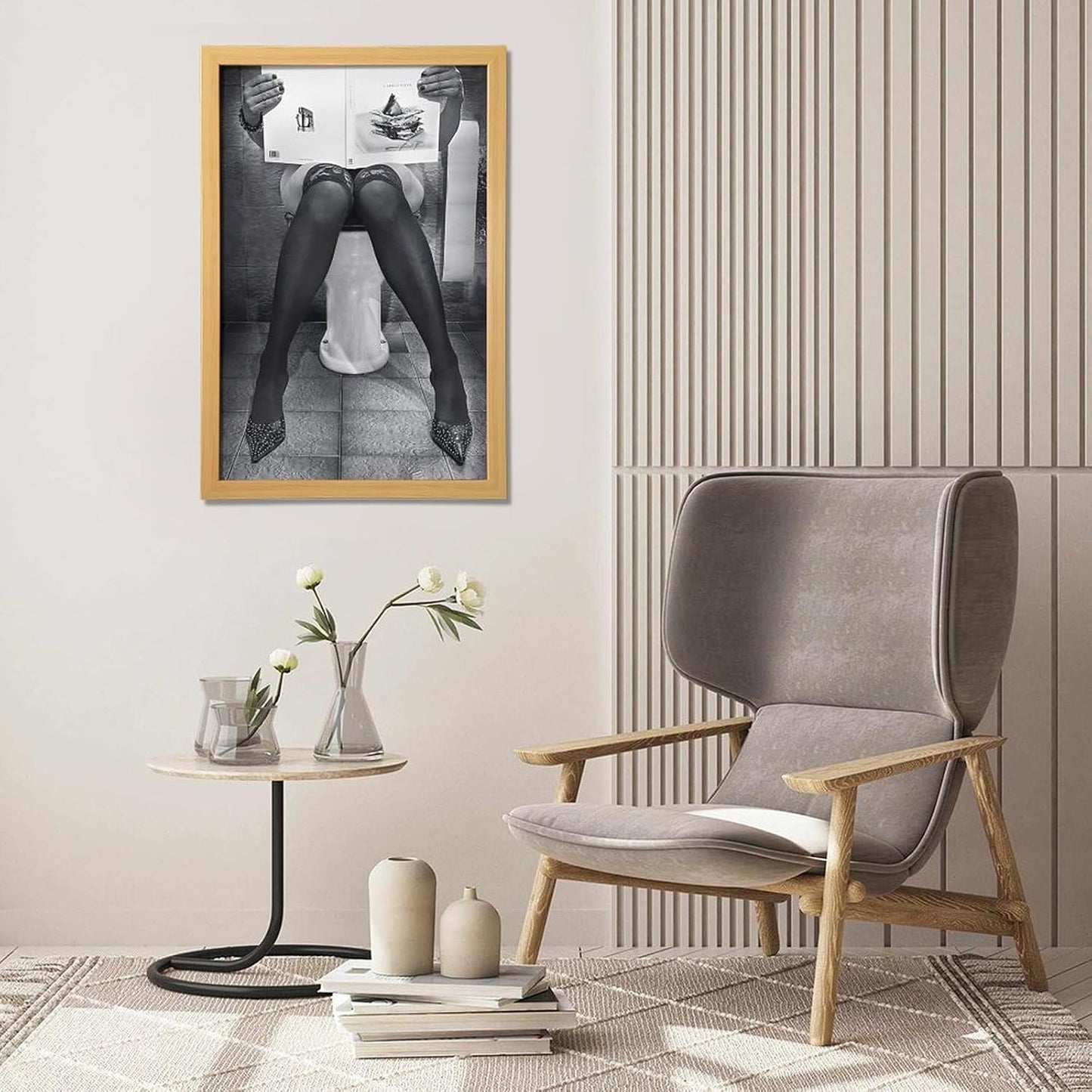 Rucatto Woman Reading Newspaper in Toilet Painting Art Poster Wall Art Paintings Canvas Wall Decor Home Decor Living Room Decor Aesthetic 08x12inch(20x30cm) Wooden Frame-style