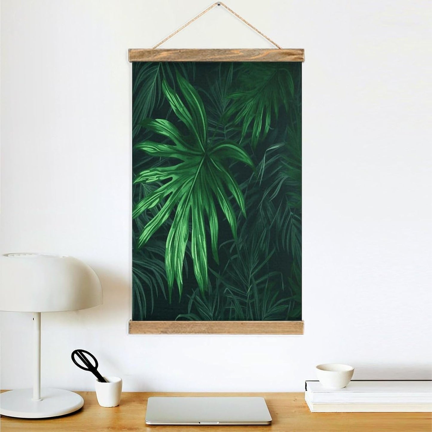 Vintage Green Tropical Jungle Plant Poster with Wooden Frame Personalized Linen Hanging Scroll Painting Rustic Wall Hanging Illustrative Modern Artwork Decor for Home Living Room Bedroom Office