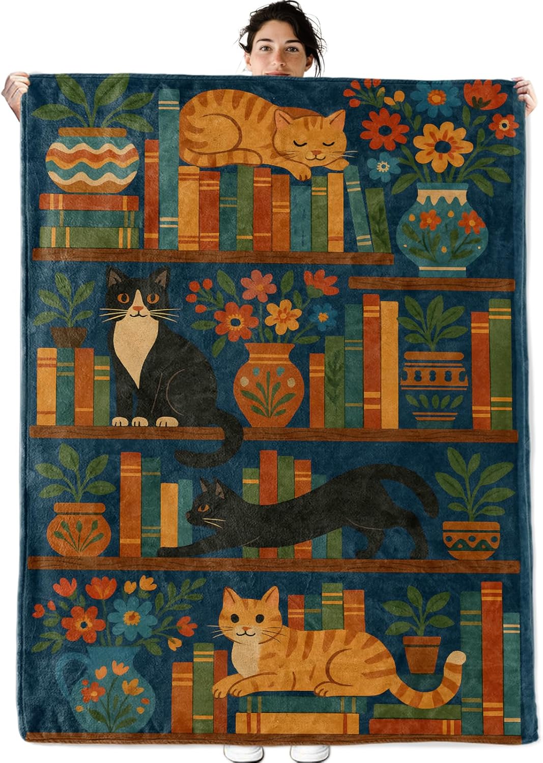 Book and Cat Shelf Fleece Blanket for Boys Girls Kids, Cozy Soft Library Reading Theme Blankets Gifts for Women, Adults, for Bedroom, Travel, Camping, Sofa, Room Decor 50x60 in