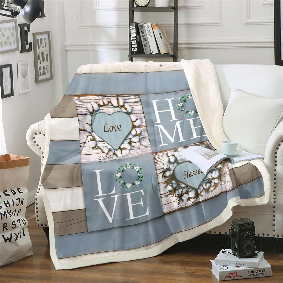 Erosebridal Rustic Floral Fleece Blanket, Flower Sweet Love Home Throw Blanket Throw Size for Teens Adult Women, Farmhouse Country Sherpa Blanket Vintage Wood Plank Fuzzy Blanket, Blue and Brown