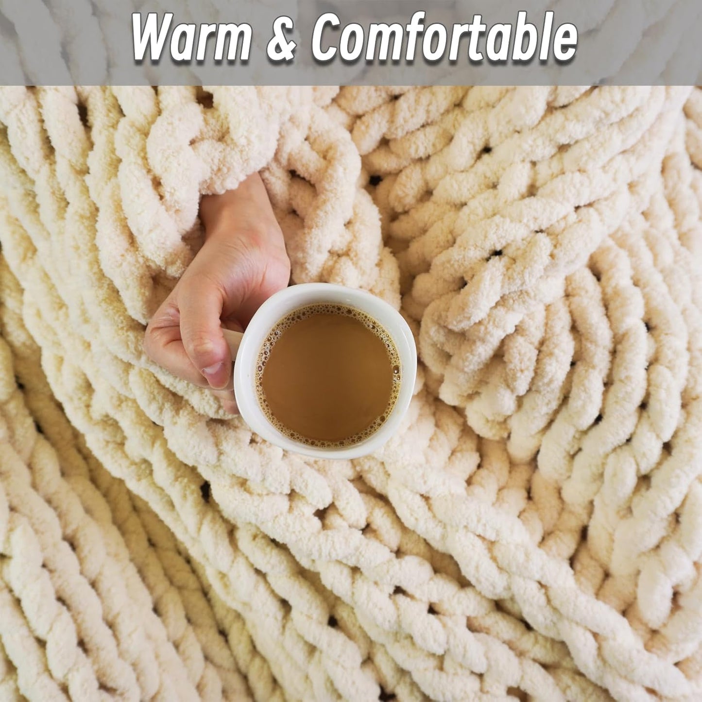 Chenille Chunky Knit Blanket Throw - Soft Chenille Yarn Throw Blanket,Warm Cozy Handmade Thick Cable Knit Crochet Blanket,Rope Knot Throw Blanket for Couch Home Decor (Beige, 50"*60")