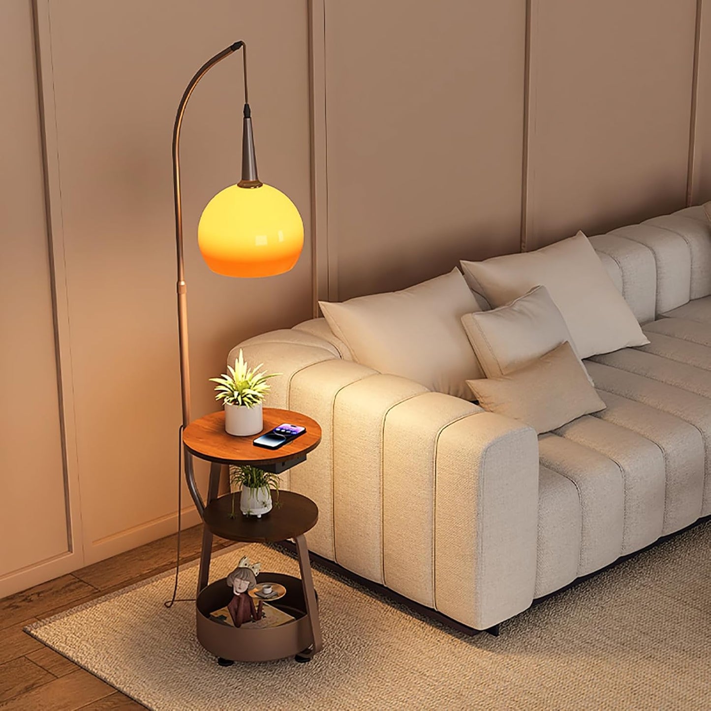 Modern Floor Lamp with Side Table for Living Room, Mid Century Tall Lamps Adjustable Height Fishing Standing Lamp with Storage Bucket, Floor Reading Lamp for Bedroom