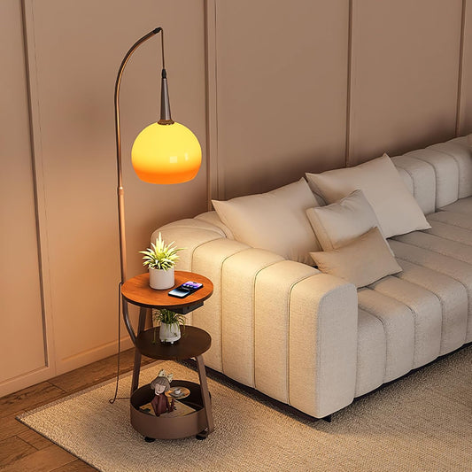 Modern Floor Lamp with Side Table for Living Room, Mid Century Tall Lamps Adjustable Height Fishing Standing Lamp with Storage Bucket, Floor Reading Lamp for Bedroom