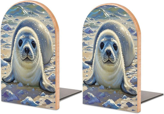 Harp Seal Painting Bookends 1 Pair Heavy Duty Book Ends for Shelves Non-Skid Bookend Supports Wooden Book Holders with Metal Base Desk Organizers Books Storage to Hold Books