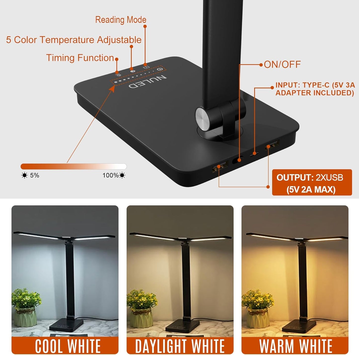 NUNET LED Desk Lamps for Home Office,Piano Lamp for Upright Piano,Rotatable Aluminum Desk Lamps with USB Charging Port,Eye-Caring Reading Light (Glossy Black)