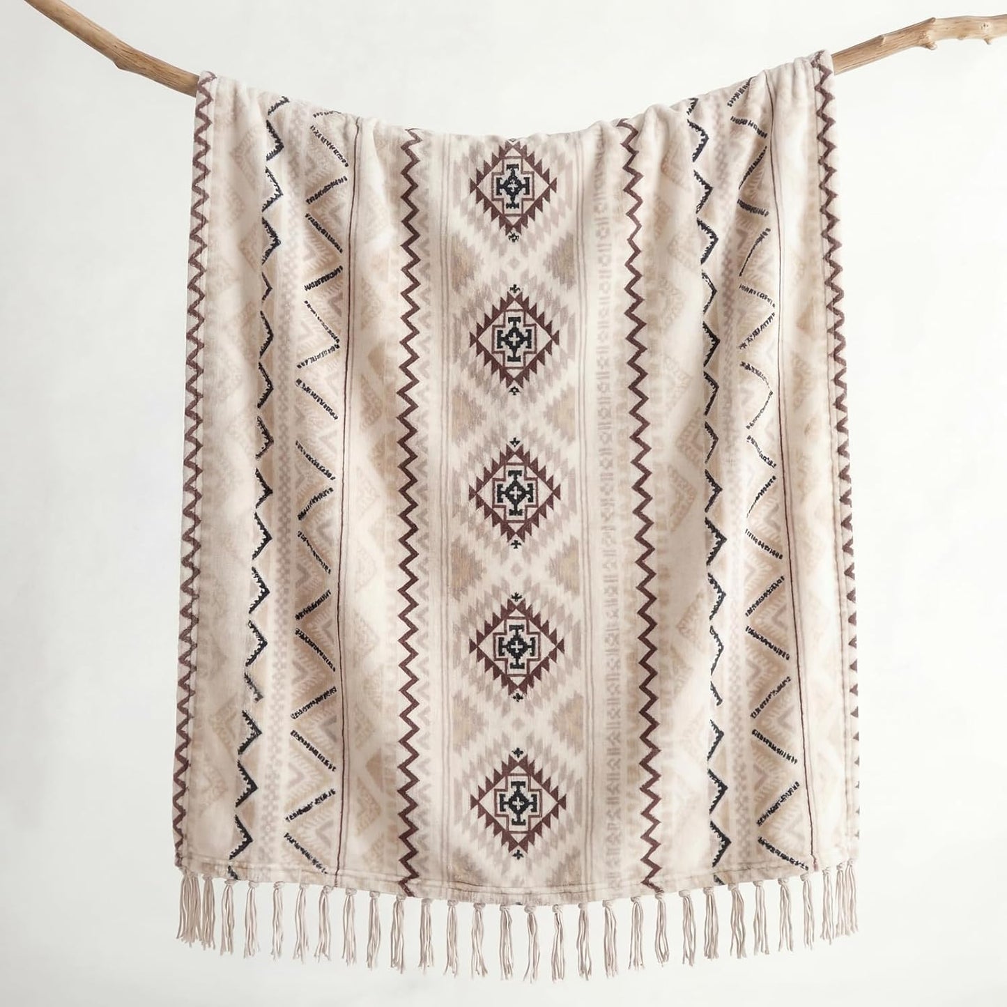 CASAAGUSTO Boho Throw Blanket - Beige and Gray Decorative Blankets with Tassel, Printed Flannel Bohemian Blanket for Chair, Bed, Sofa, Couch(50 * 60, Beige and Gray)