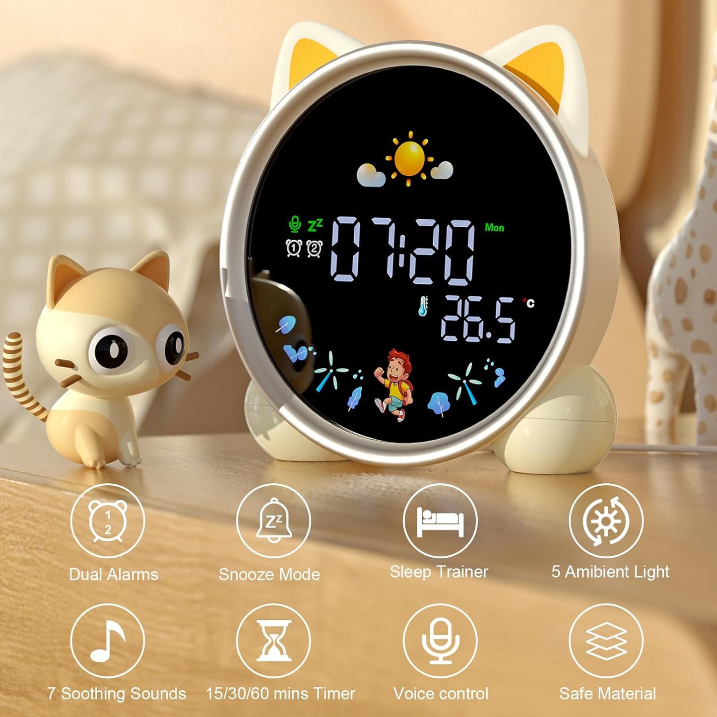Kids Alarm Clock with Night Light,OK to Wake Clock for Kids,Stay in Bed Clock and Sleep Training,Nap Timer Temperature Detect Cute Kids Room Decor,Gift Ideas for Kids Toddler Boy Girl(Cat)