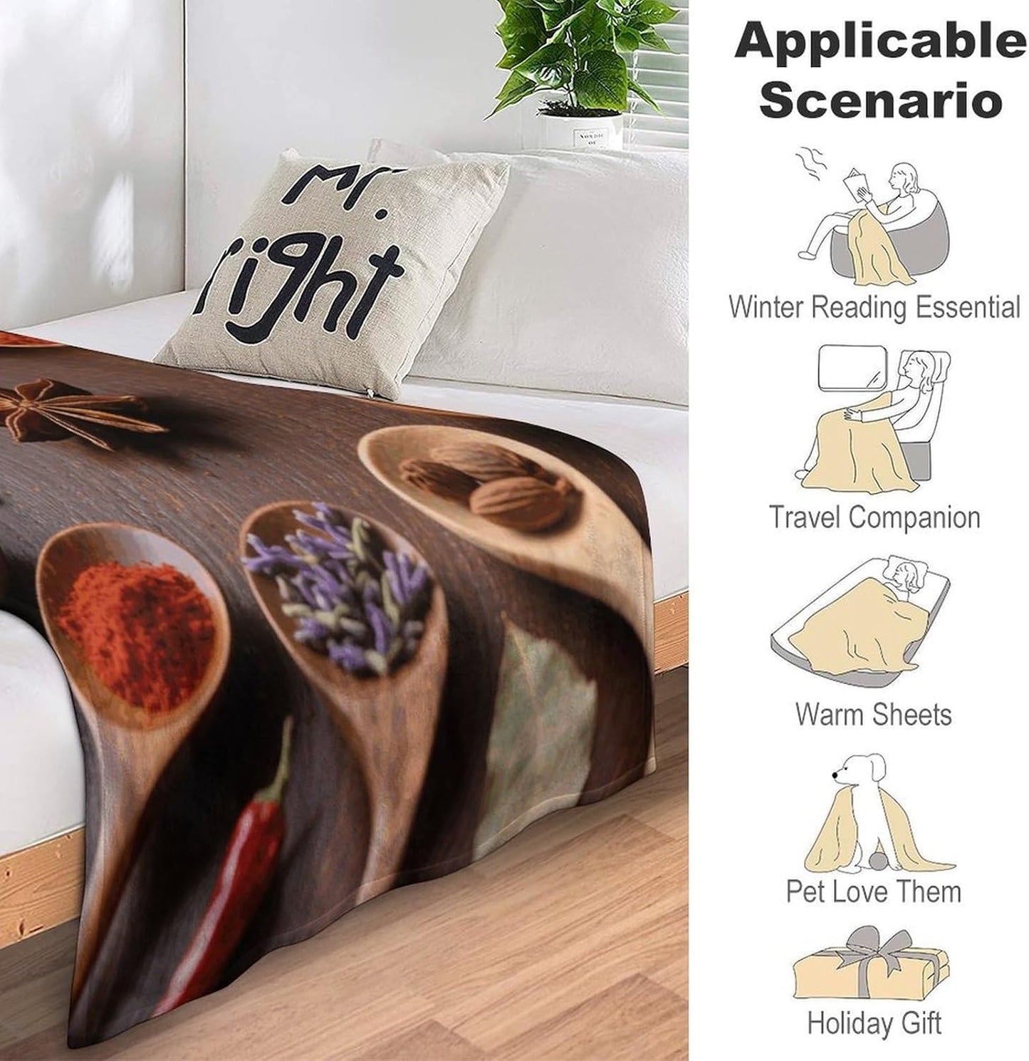 Custom Spices Seasoning Spoon Blanket Lightweight Flannel Fleece Throw for Couch Sofa Bed Luxury Soft Cozy Plush Lap Bedtime Blanket for All Seasons Bedroom Home Decor Gifts 40x50