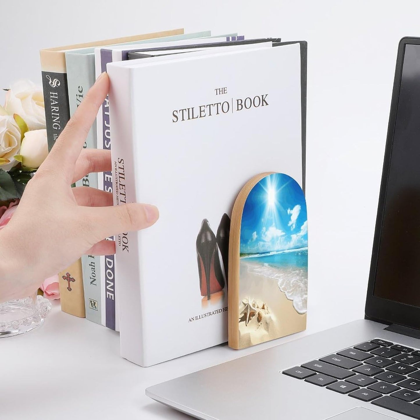 Bright Sunshine Summer Beach Bookends 1 Pair Heavy Duty Book Ends for Shelves Non-Skid Bookend Supports Wooden Book Holders with Metal Base Desk Organizers Books Storage to Hold Books