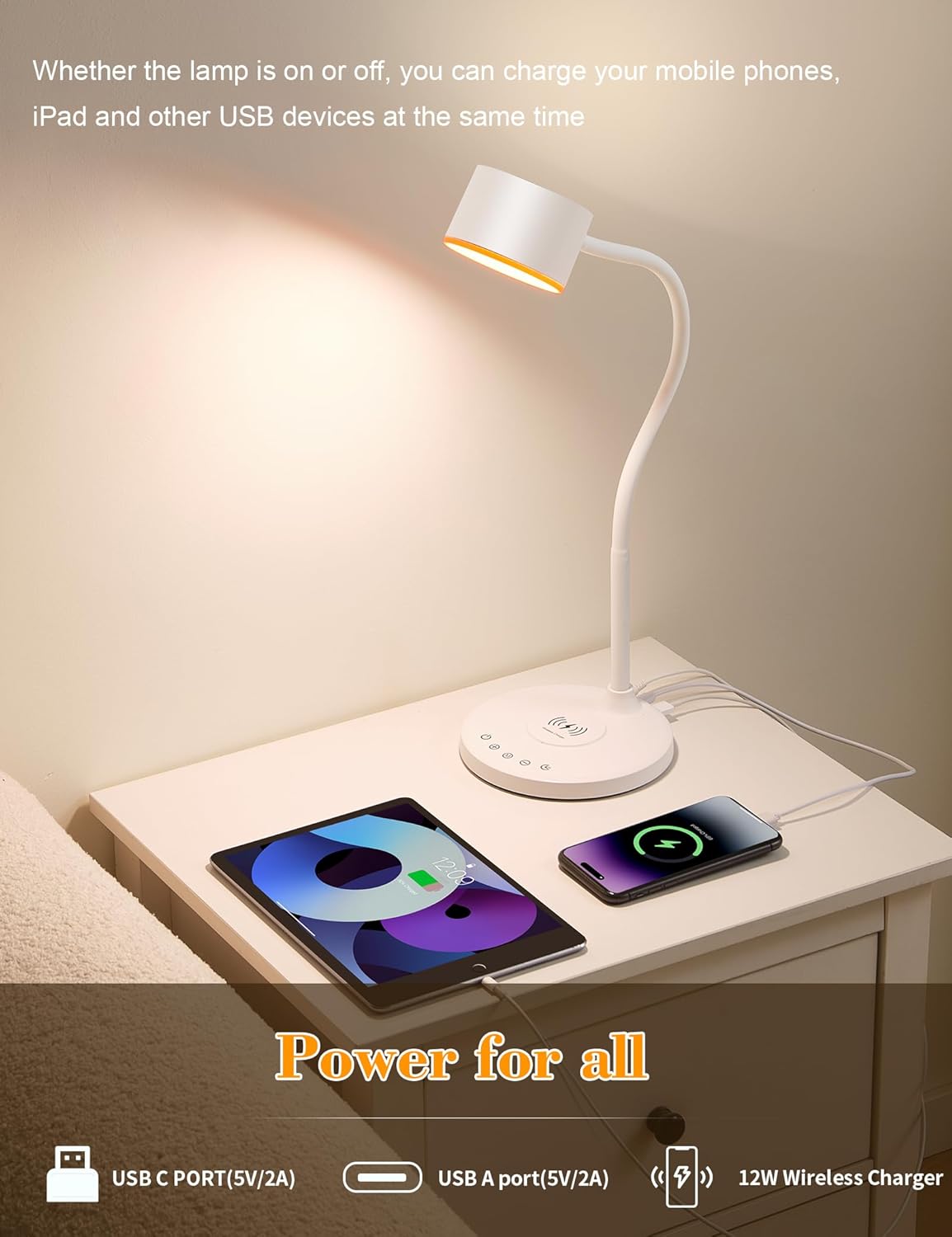 LED Desk Lamps for Home Office, Desk Lamp with USB C + A Dual Charging Ports, Wireless Charger, 5 Colors Dimming Reading Lamp Timer/Memory Touch Bedside Table Lamp for Bedroom College Dorm Room White