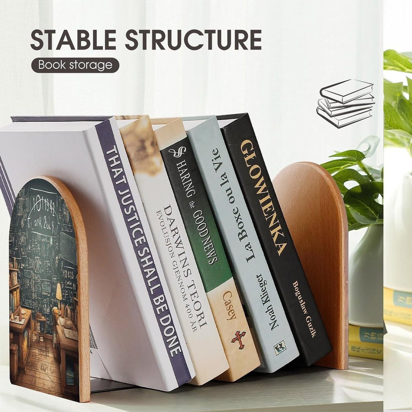 School Math Wooden Bookend Non-Slip Book Ends Heavy Duty Book Stopper with Metal Base Books Holderd Decorative Bookends Stands Firmly for Office Supplies