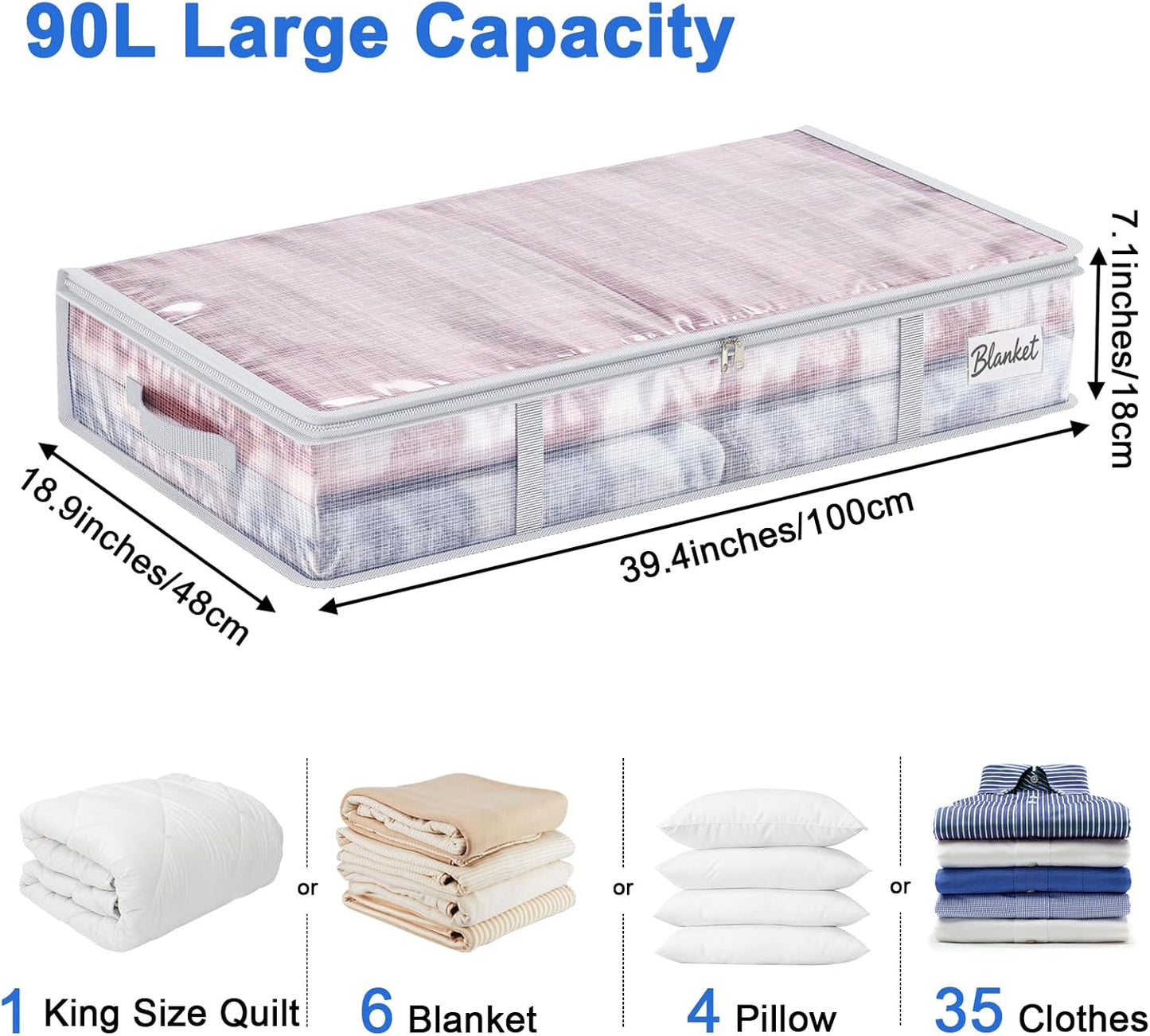 Fixwal 4pcs 90L Under Bed Storage Containers Bins Clear Closet Underbed Organizers and Storage for Blanket, Clothing, Sweaters, Pillows, Linen Sheets with Sturdy Handle and Zippers