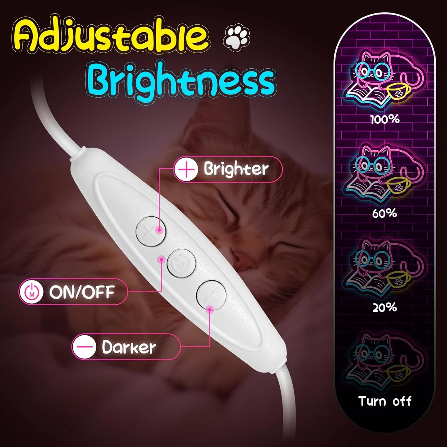 Cat Reading Book Neon Sign, Adorable Cat Neon Light for Bookstore Library Classroom Bedroom Wall Decor, USB Dimmable LED Sign Party Birthday Gift for Girls Students Book Lovers