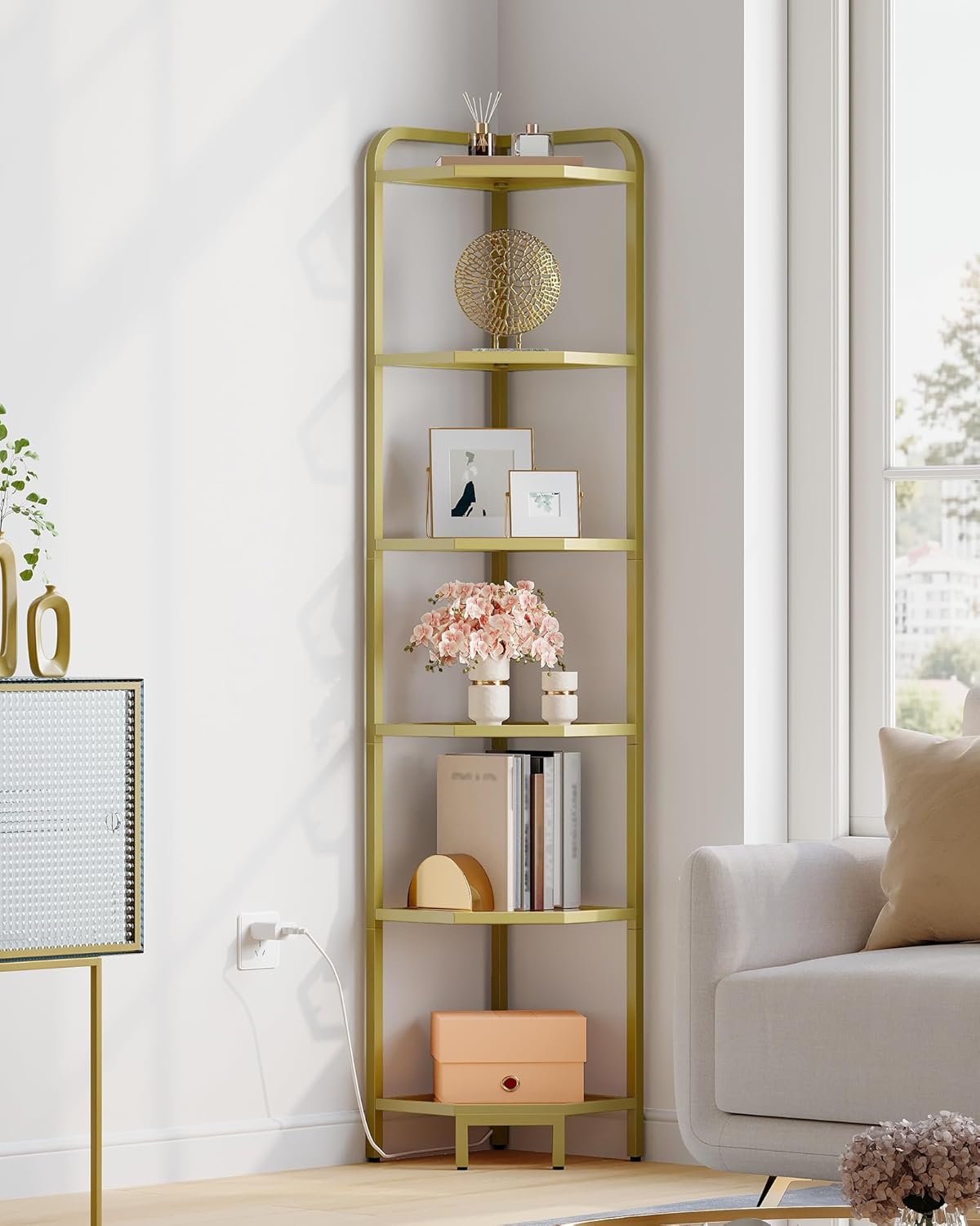Corner Shelf with LED Lighting, 6-Tier Glass Bookshelf, Steel Frame, Tempered Glass, Modern Style Corner Shelf, Suitable for Living Room, Bedroom and Game Room, Gold CS09699G