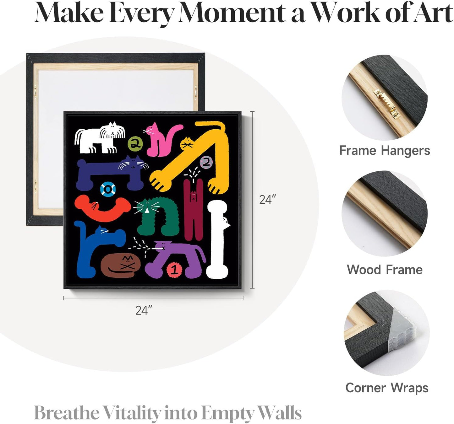 Framed Colorful Funny Cat Wall Art for Kids Room, Abstract Eclectic Cute Cartoon Prints Painting, Large Playful Animal Picture Wall Decor for Living Room Bedroom Nursery 24x24 Inch