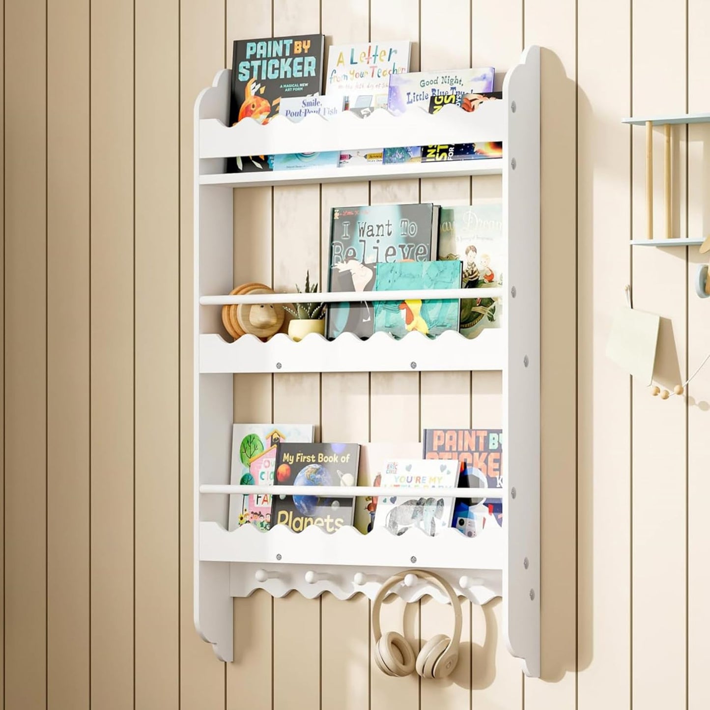 Treocho Kids Bookshelf, 3-Tier Wall Mounted Book Shelf, Kids Bookshelf and Toy Storage for Living Room, Bedroom and Nursery, White