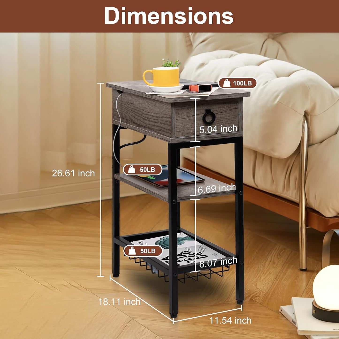 Small Gray Side Table Charging Station for Bedroom, Narrow Grey Living Room End Tables with Storage, Skinny USB Nightstand with Outlet, Gaming Coffee Table for Couch with USB Ports