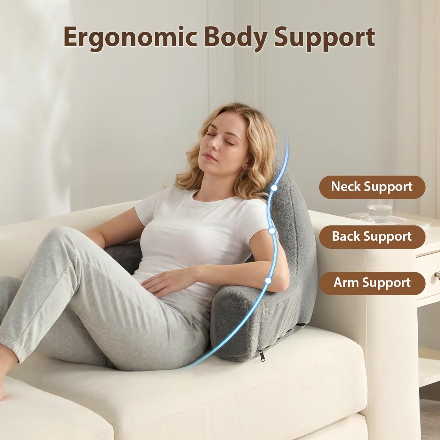 Quilmfoam Reading Pillow for Sitting in Bed Adult – Backrest Pillow with Arms, Back Support Cushion for Reading, TV, Gaming & Working, Includes Pockets and Removable Washable Cover