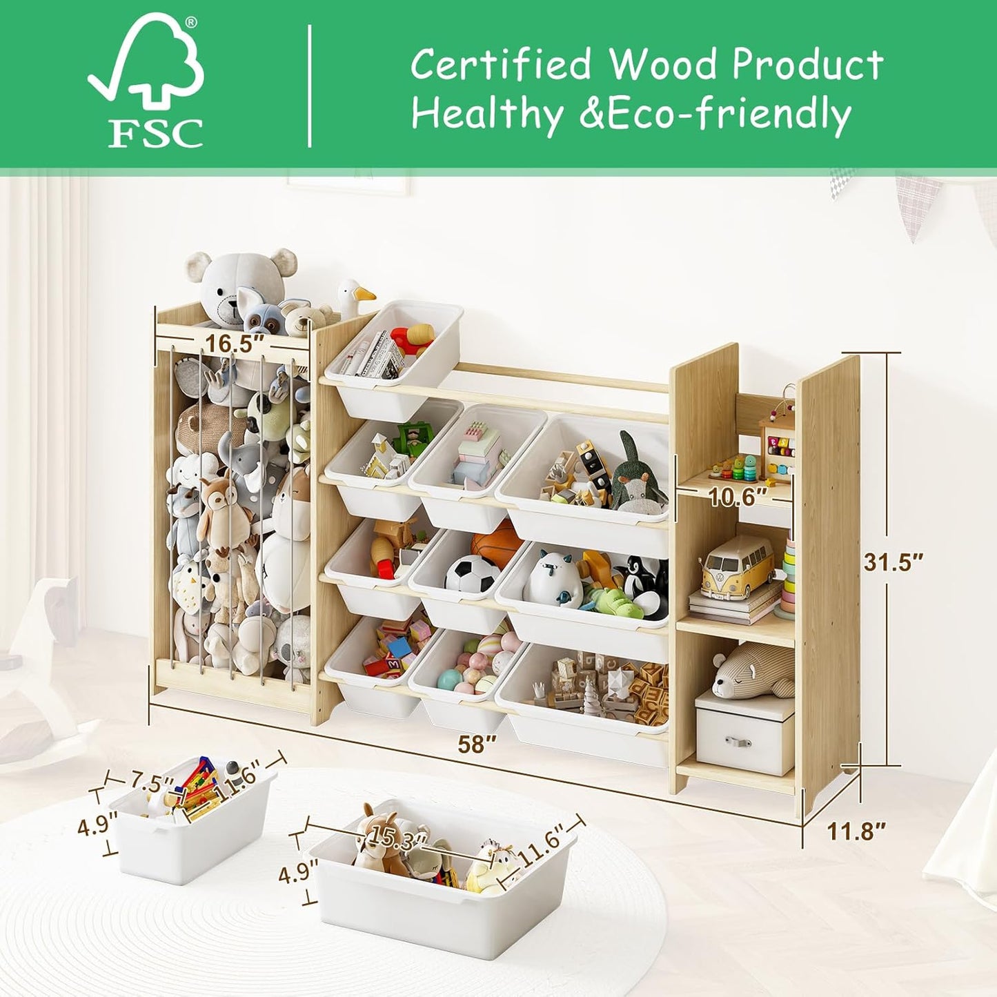 3-in-1 Toy Storage Organizer, Stuffed Animal Holder & 3-Tier Bookcase, Solid Wood Toy Organizer with 12 Storage Bins, Space-Saving Toy & Book Shelf for Kids Rooms, Bedroom, Playroom, White