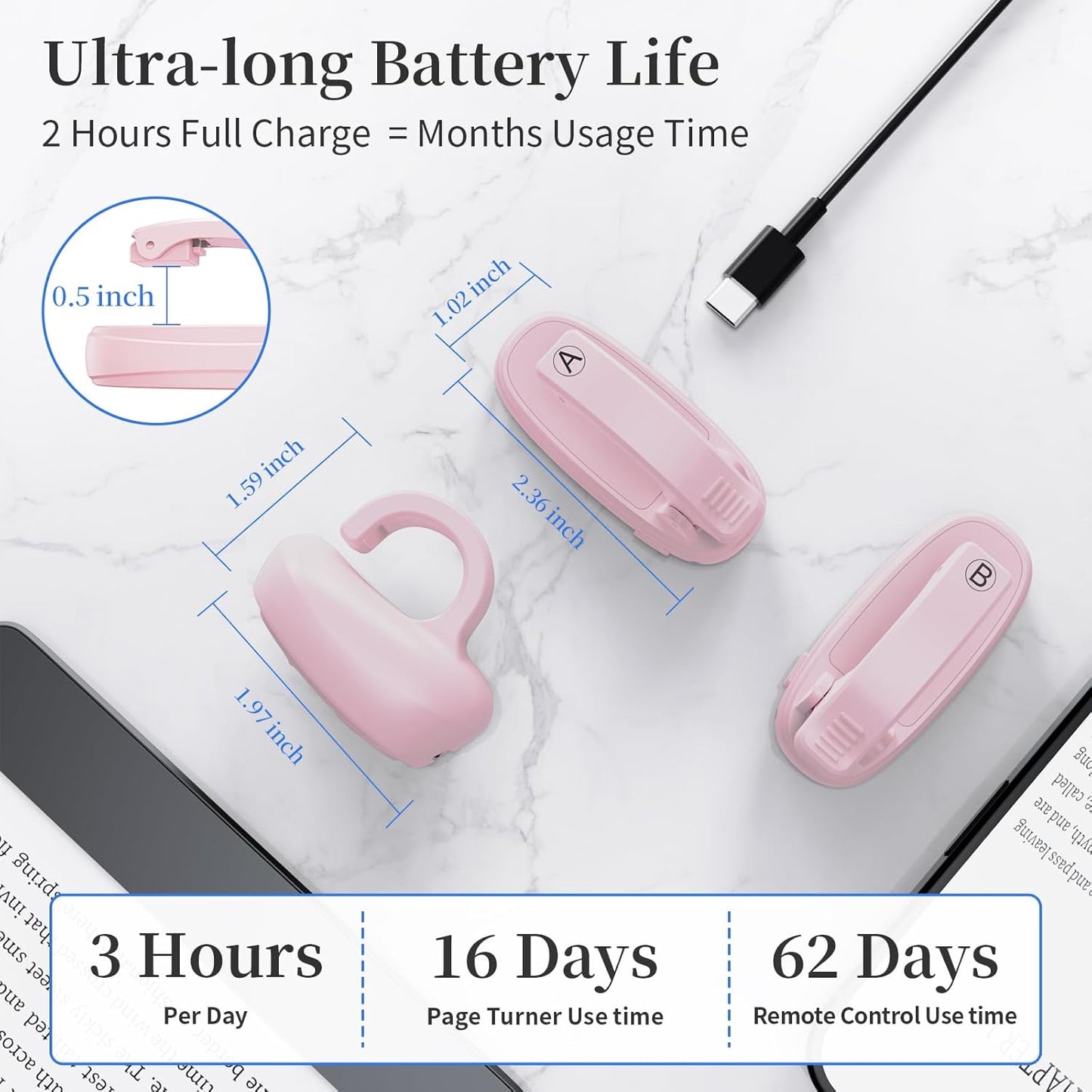 [2 Clips] Finger Ring Kindle Page Turner Remote Control for Paperwhite: Rechargeable Wireless Clicker for Reading on Bed for iPhone Android iPad, Camera Shutter & Video Record Accessories (Pink)