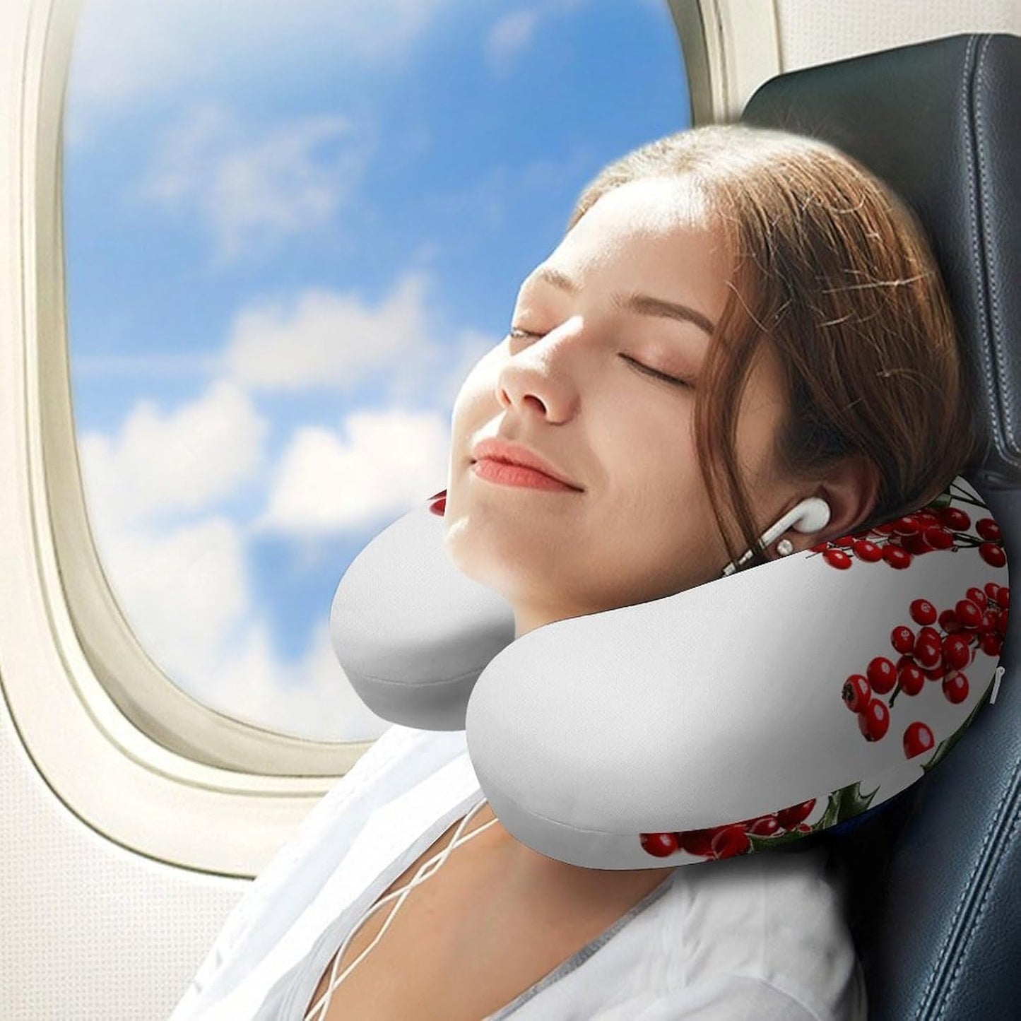 Holly Berry Branches Neck Pillow Memory Foam U Shaped Pillows Portable Pillows for Shoulder Travel Head Support Pillow with Concealed Zipper for Airplane Car Home Office
