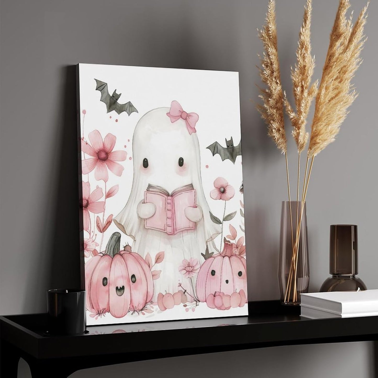 HouLaiZhe Halloween Poster Ghost Reading Pumpkin Canvas Wall Art Prints Halloween Decorations Room Aesthetic Gothic Wall Decor for Living Room Bedroom 18x24inch(45x60cm)
