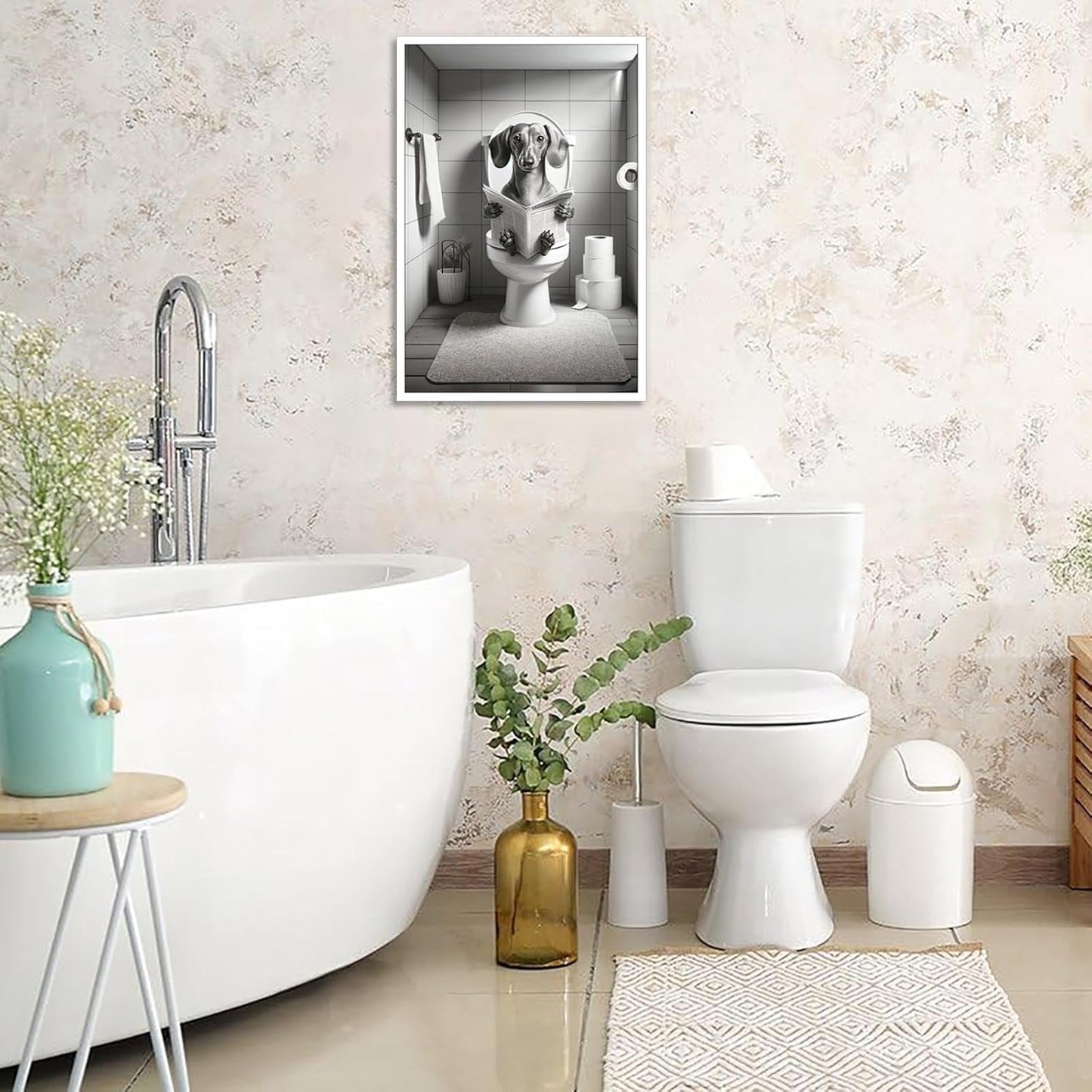 Canvas Funny Dachshund Posters Petshop Wall Art Animal In Toilet Sitting On Toilet And Reading Newspaper Prints Painting For Bathroom Home Bedroom Dorm Decor 12x16in Unframed