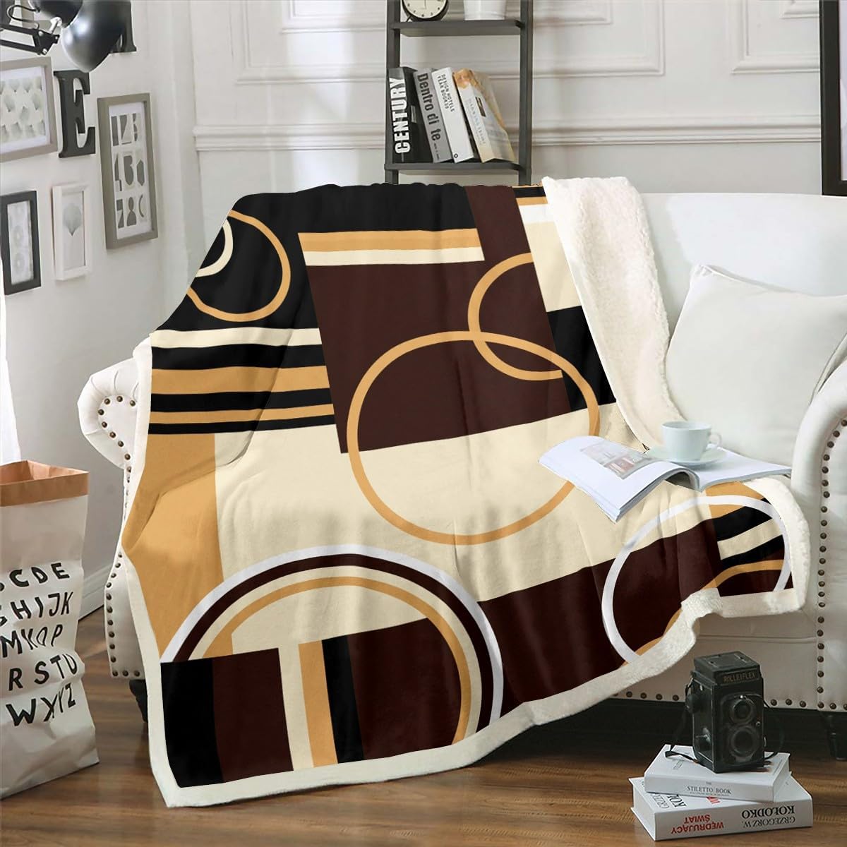 Erosebridal Modern Geometric Throw Blanket Brown Black Stripes Fleece Blanket for Kids Adult Retro Circle Swirls Sherpa Blanket Bedroom Decor Abstract Texture Color Art Bed Blanket Throw 50"x60"