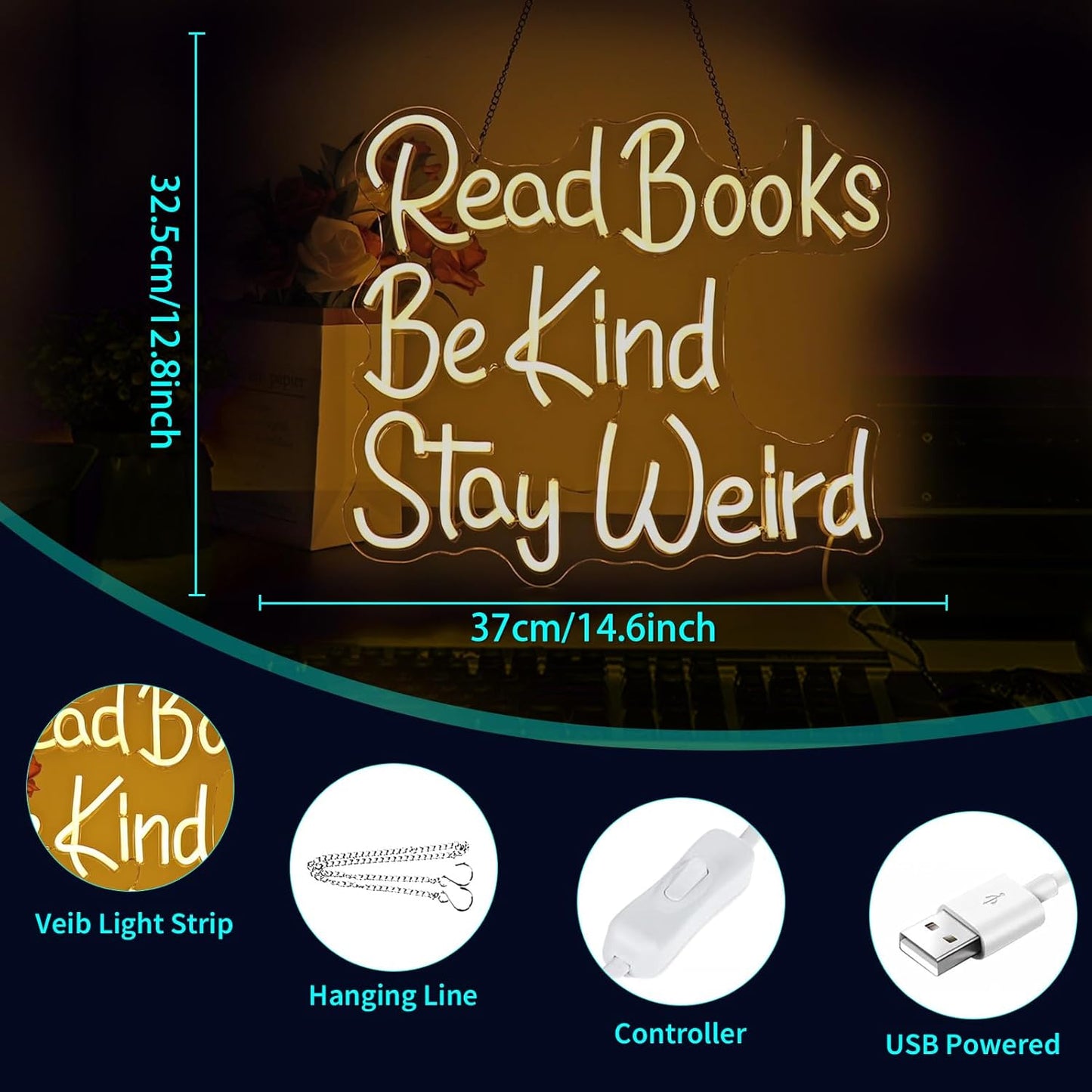 Neon Sign, HSJNJKFU Read Books Neon Signs for Wall Decor Warm White Led Light up Signs for Classroom, Bookstore, Library, Office, Room Decor - Dimmer Light Sign USB Powered