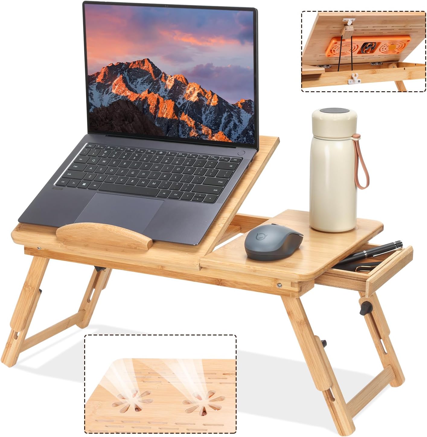 Adjustable Bamboo Laptop Desk with Cooling Fan, Foldable Bed Tray for Breakfast, Writing, and Drawing, with Tilting Top and Drawer, Portable Lap Desk for Bed, Sofa, and Floor.