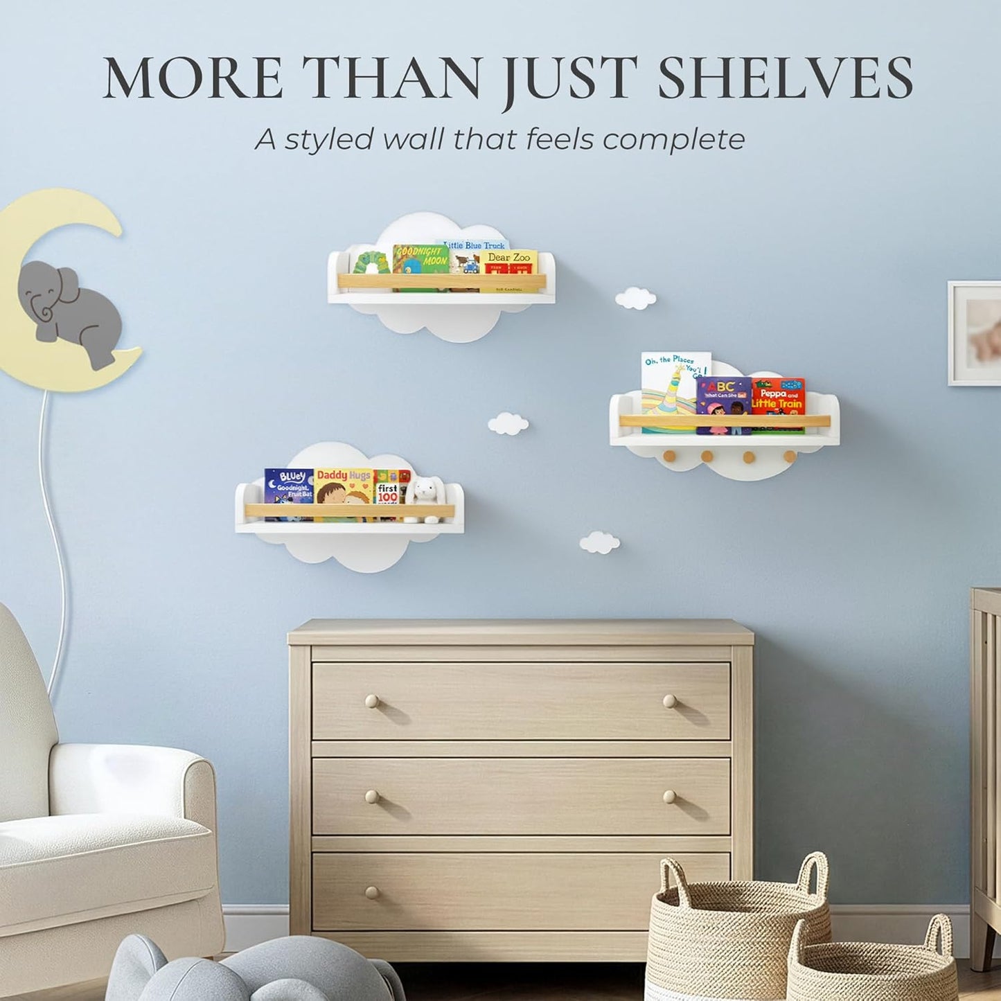 Cloud Floating Shelves Nursery Set of 3 with Decorative Mini Clouds – Wall Mounted Kids Bookshelf with Hooks, Solid Pine Rail, 15 lb Per Shelf Capacity, Nursery & Toddler Wall Decor