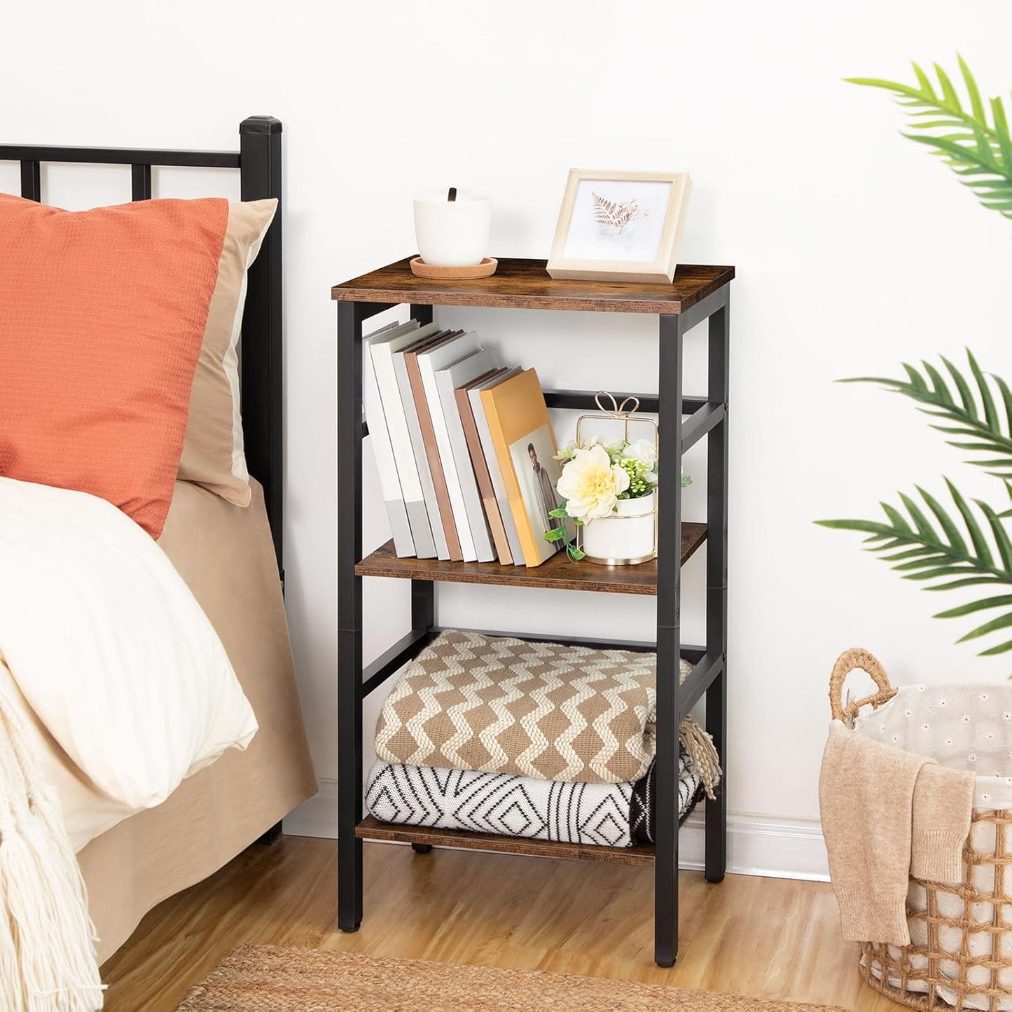 HOOBRO 3 Tier Bookshelf, Small Narrow Bookshelf, Record Storage Rack with Side Fence, Floor-Standing Shelf Units, Narrow Display Shelf for Living Room, Bedroom, Classroom, Rustic Brown BF80CJ01G1