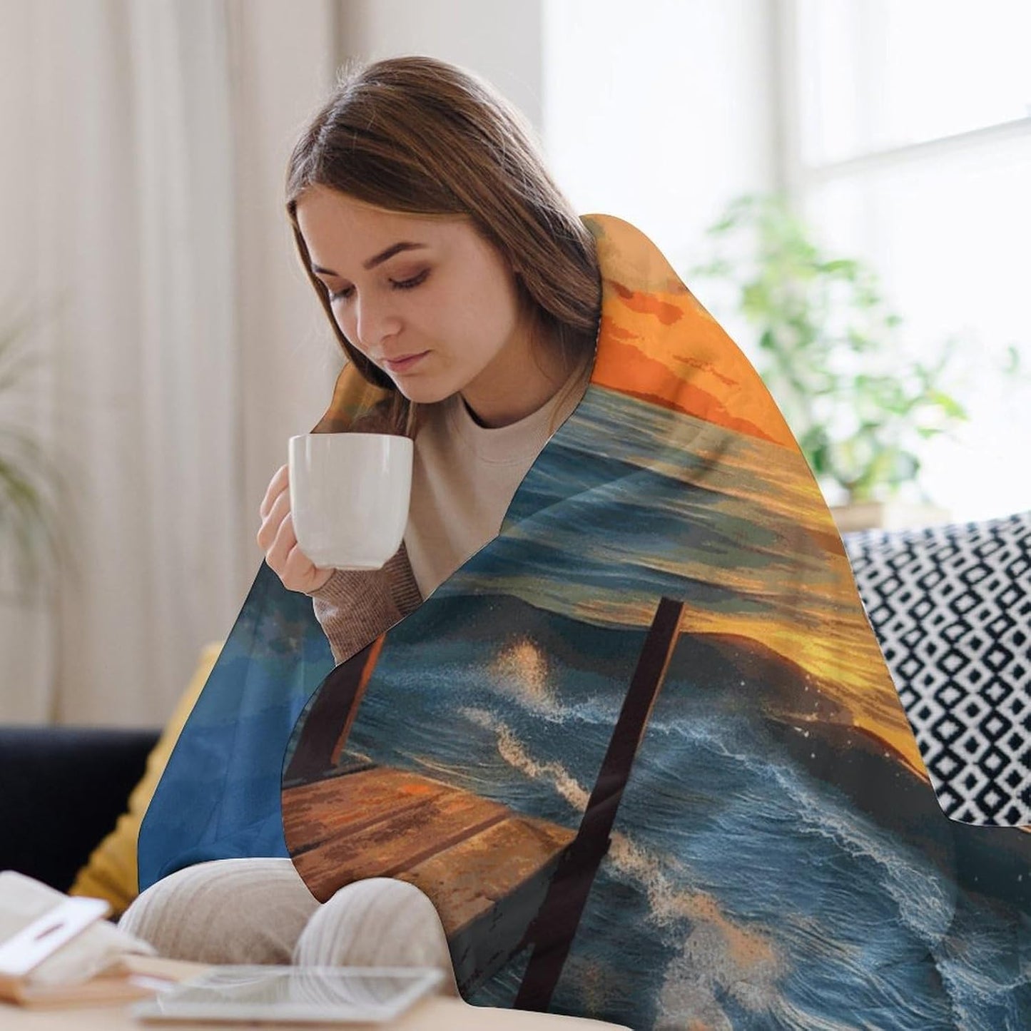 Sunset Sea Blanket Super Soft Lightweight Throw Blanket Cute Cozy Warm Bed Blanket Decorative Fuzzy Blanket All-Season Home Decor Gift for Sofa Couch Living Room 30"*40"（76 * 100cm）