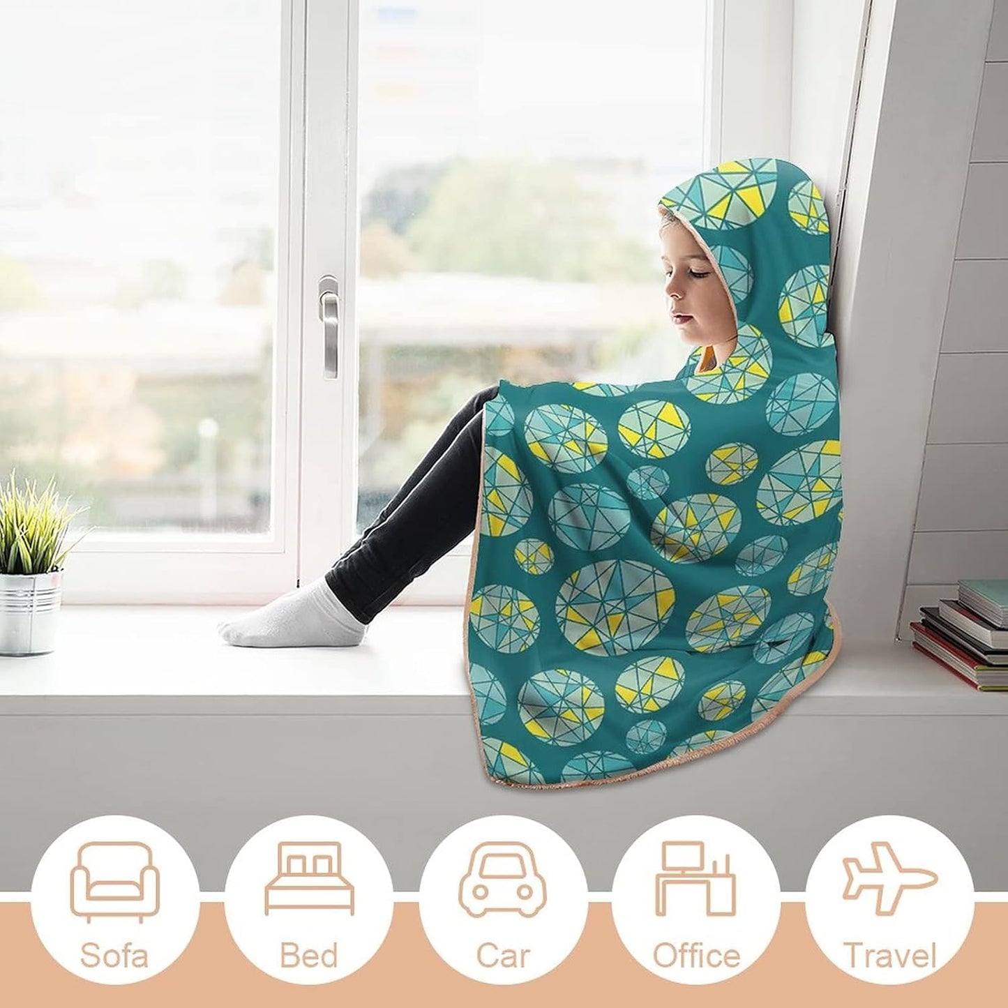 Throw Blankets, Teal Women Men Hooded Blanket, Geometric Mosaic Circles with Triangles Hipster Artistic, Soft Warm Cozy, 40 x 50inches, Studying Reading Snuggling Napping Office, Teal Yellow