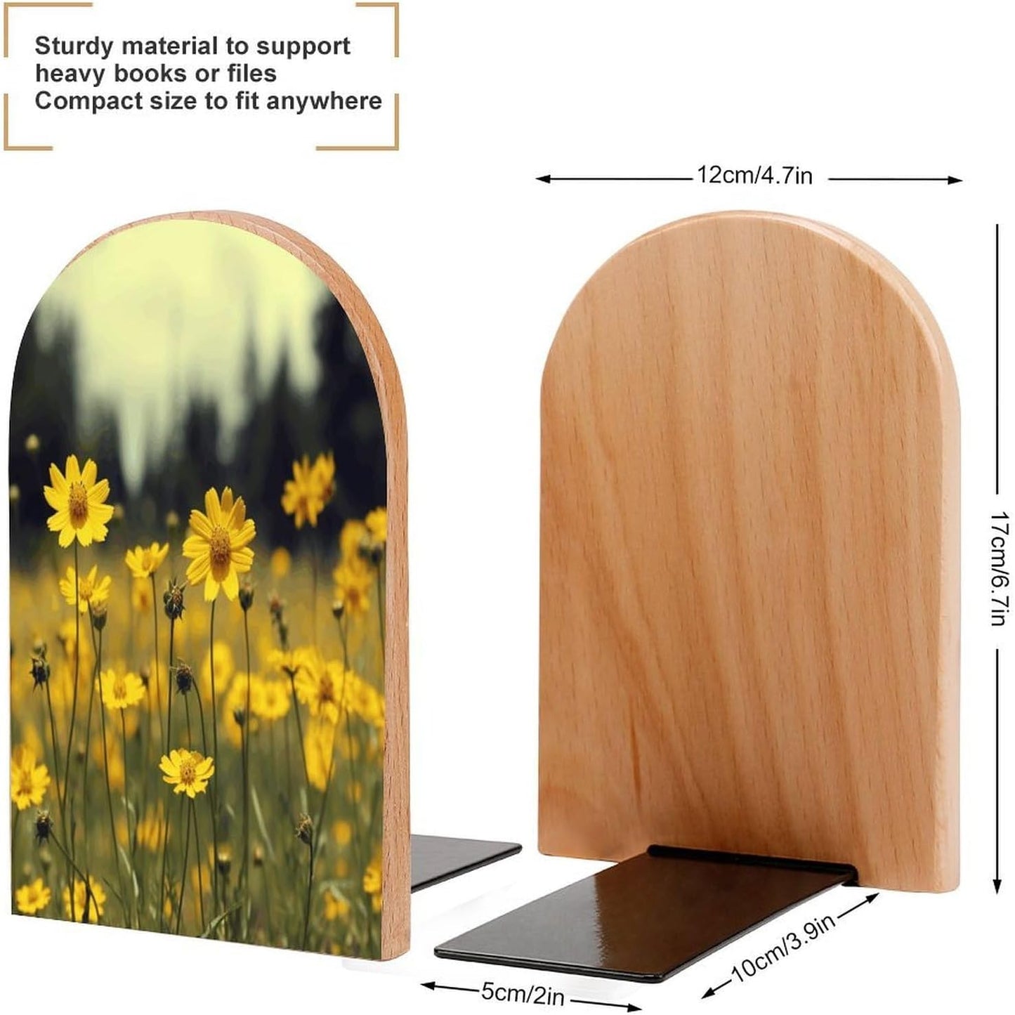 Summer Yellow Flowers Bookend for Shelves Wooden Book End Large Size Sturdy Book Holders Stoppers with Metal Base for Bookshelves Slick Decorative Bookends Stands