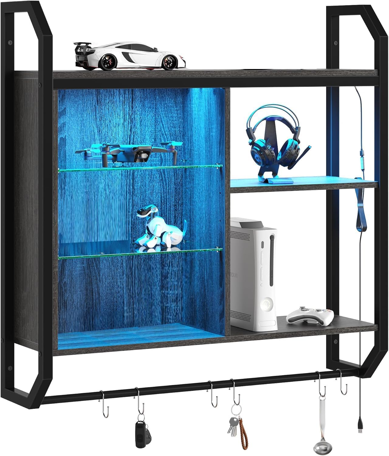 Bestier Gaming Floating Shelves, 34" LED Wall Mounted Shelf with Adjustable Glass Shelf, Pipe Shelves Hanging Display Rack Bookshelf with 6 S-Hook, Gaming Room Decor Wine Coffee Bar Black