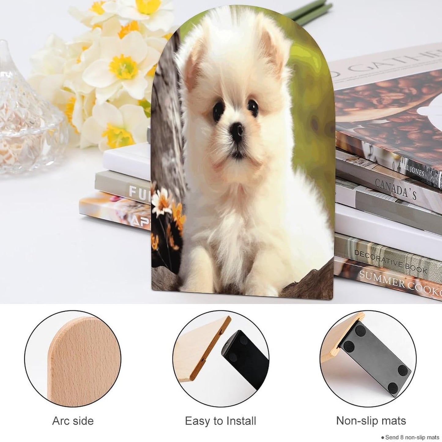 Cute Dog Bookend for Shelves Wooden Book End Large Size Sturdy Book Holders Stoppers with Metal Base for Bookshelves Slick Decorative Bookends Stands