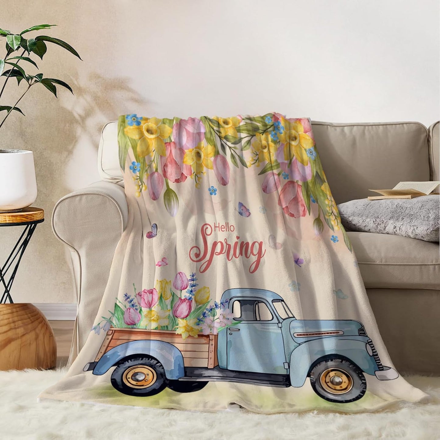YeeJu Spring Throw Blanket 50x60 Farmhouse Spring Theme Floral Tulip Blanket Throw Blanket for Couch Sofa Bed Soft Cozy Fuzzy Plush Fleece Blankets Decorative Blanket 50 by 60